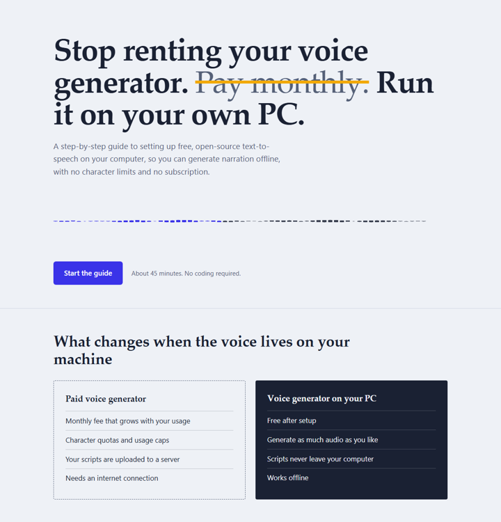 Landing page with the plugin: serif headline, waveform line, comparison panel