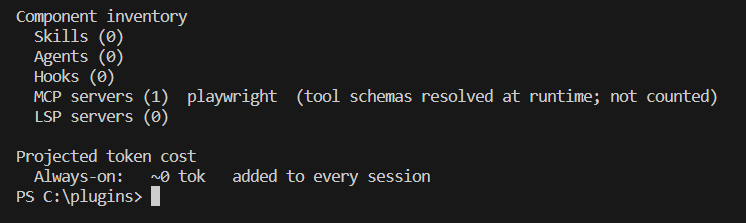 Terminal output of claude plugin details playwright showing one MCP server and an always-on cost of about 0 tokens