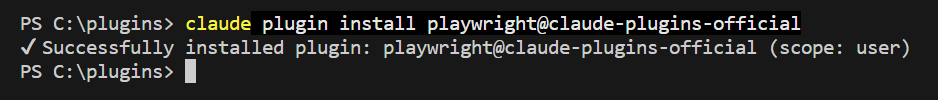 Terminal showing Successfully installed plugin: playwright
