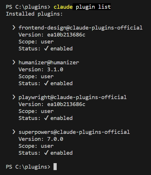 Terminal output of claude plugin list showing four plugins, all enabled