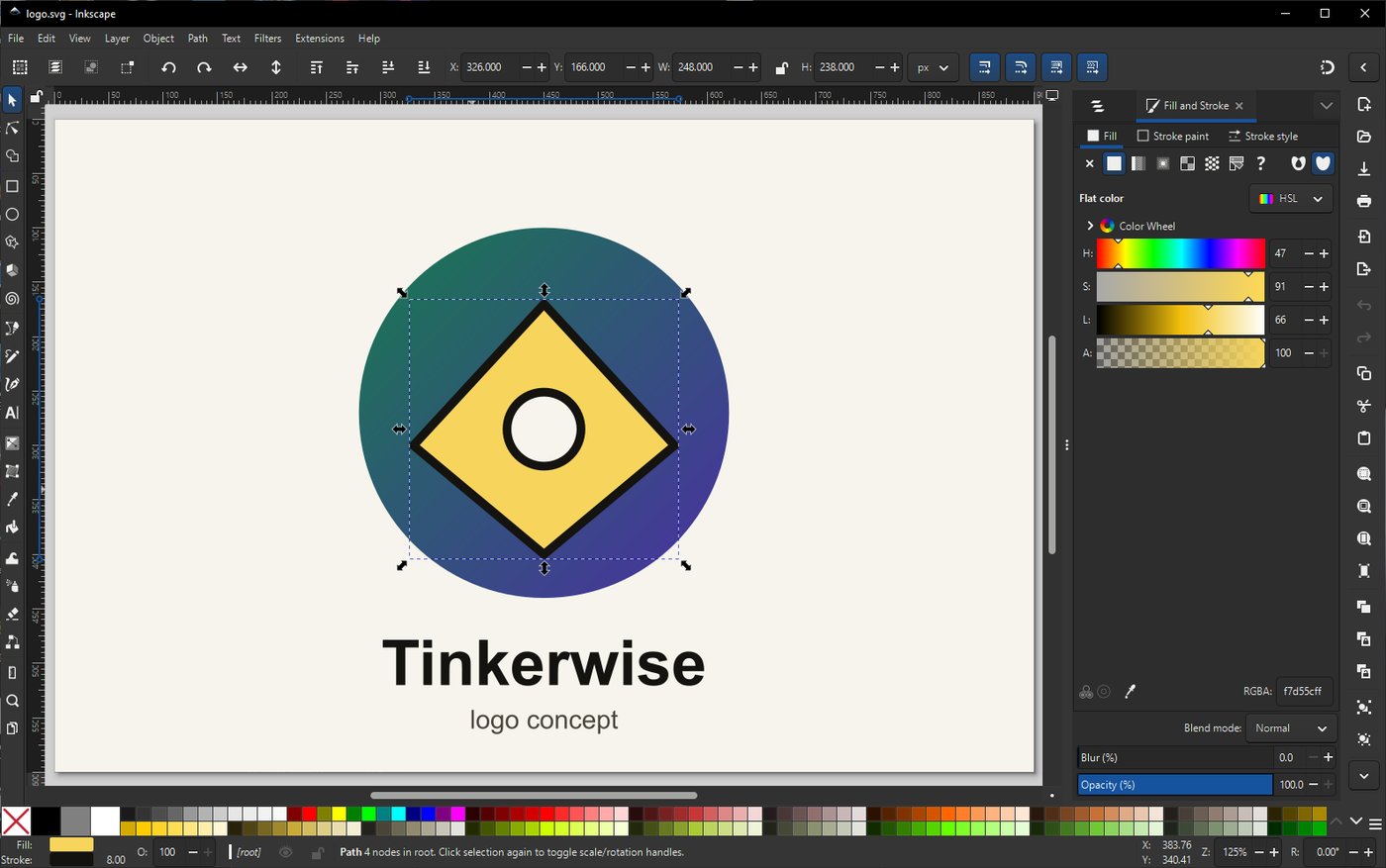 A logo open in Inkscape with the Fill and Stroke panel on the right