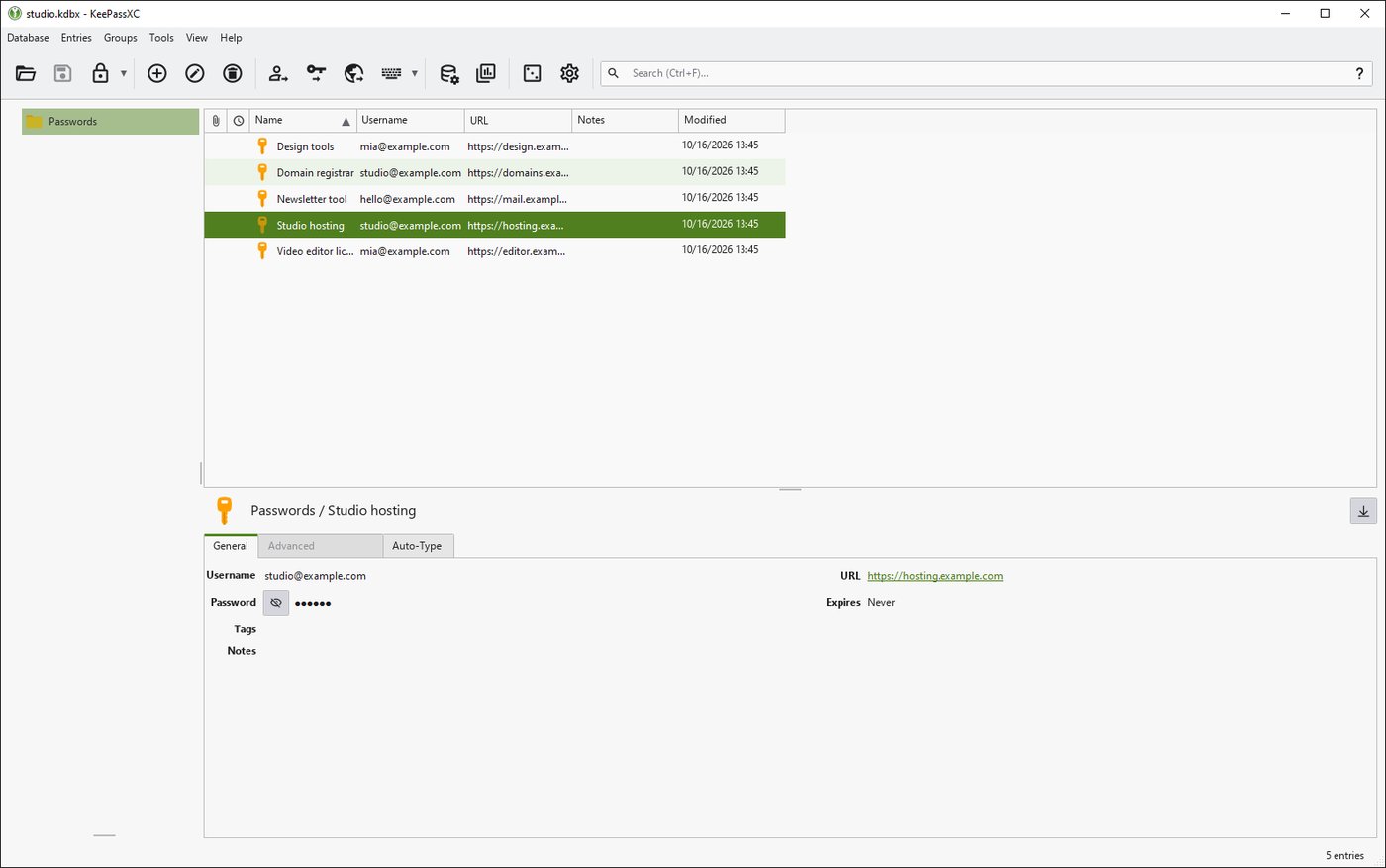 KeePassXC with a sample database of five entries