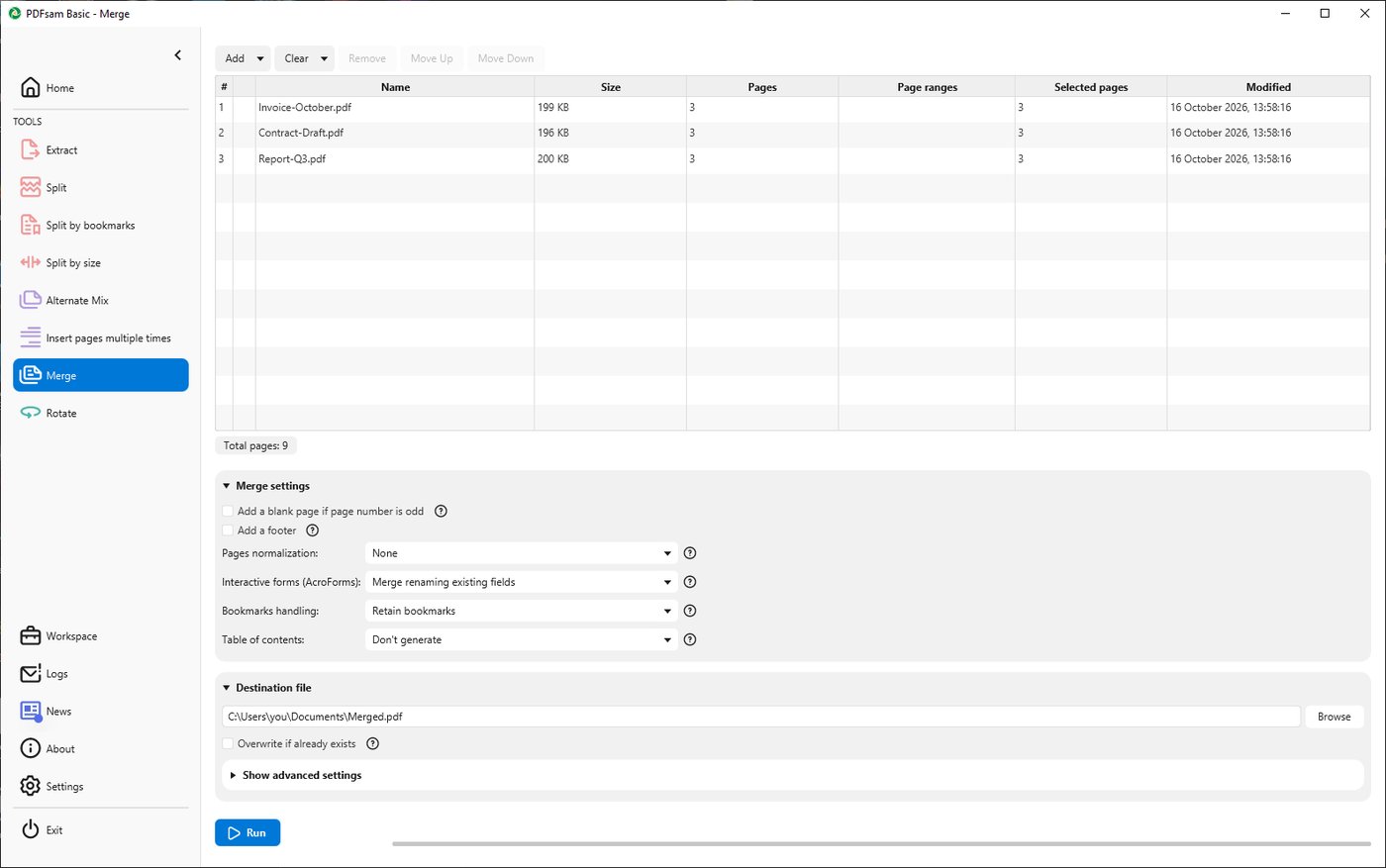 PDFsam Basic with the Merge tool and three sample PDFs in the list