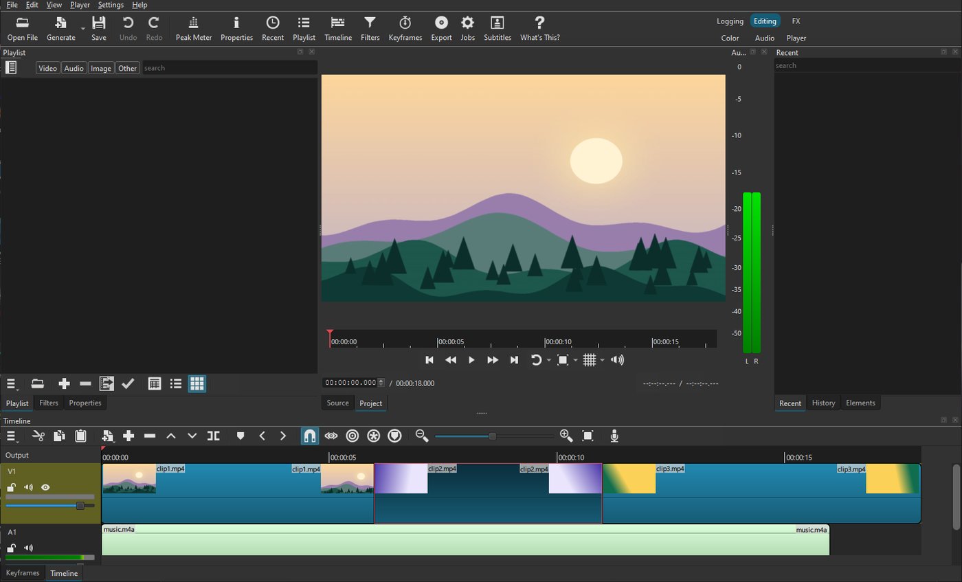 Shotcut with a video preview, a three clip timeline and a music track